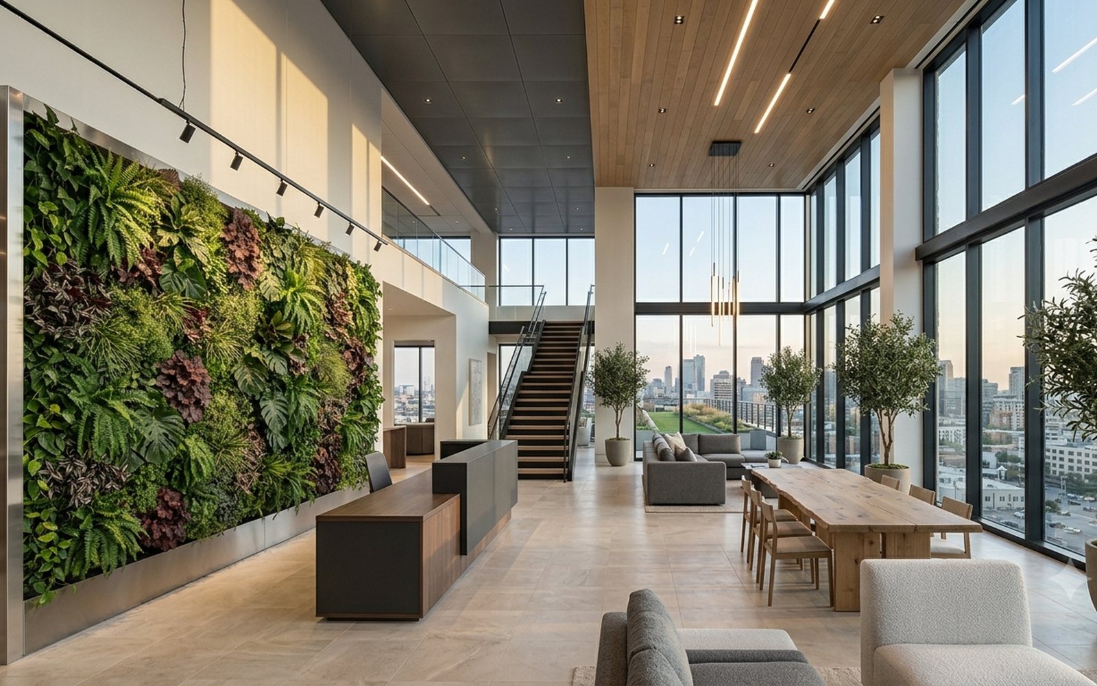 O mesmo hall com o painel de jardim vertical preservado instalado na parede à esquerda.